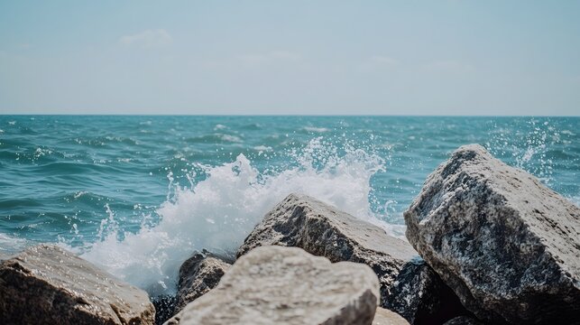 Ocean waves crashing against rocks on a sunny day.