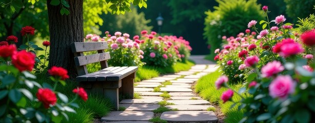 Obraz premium Bench is placed in front of a tree with pink flowers. The bench is empty. The scene is peaceful
