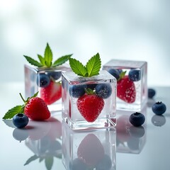 Frozen Fruit Cubes with Strawberries and Blueberries on Reflective Surface
