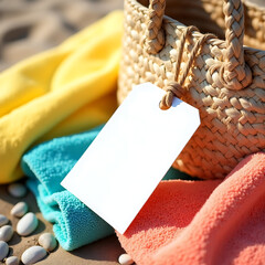 Blank Tag on Woven Beach Bag with Colorful Towels and Pebbles at Seaside