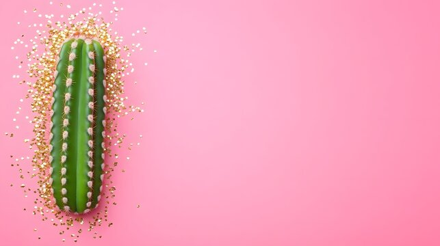 Pink Background with Green Cactus and Gold Glitter - Powered by Adobe