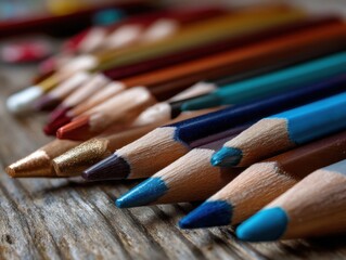 Obraz premium Colored Pencils on Wood: A vibrant collection of colored pencils rests on a rustic wooden surface, showcasing a spectrum of hues and textures, ideal for artistic endeavors.