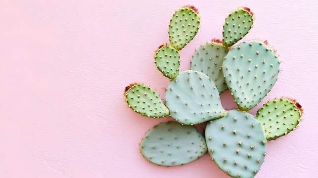 Pastel Pink Background Green Cactus Botanical Flatlay