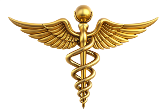 Golden caduceus medical symbol isolated -  on a white background AI