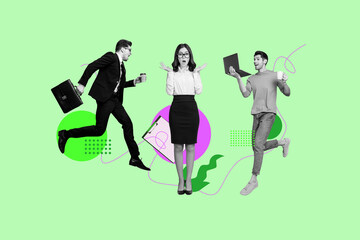 Exclusive poster creative collage of happy businesswoman businessman teamwork cooperation hold laptop freelancer workaholic
