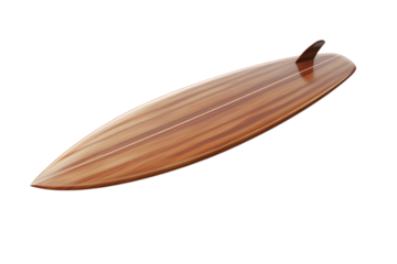 A polished wooden surfboard, isolated on transparent background