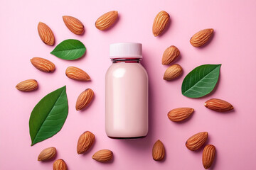 Almond milk bottle with almonds and leaves on pink background