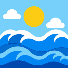 Blue sea waves under a sunny sky landscape vector background.