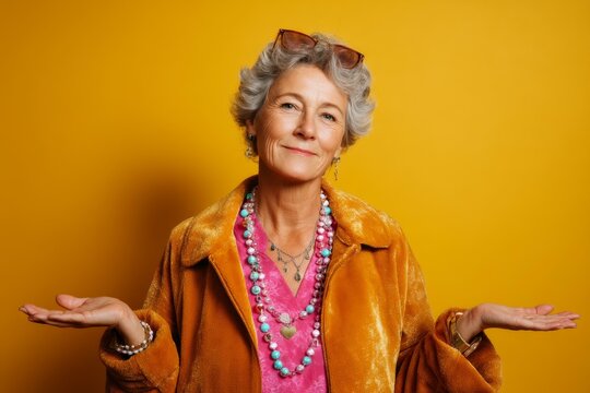 Stylish Senior Woman Presenting on Bright Yellow Background