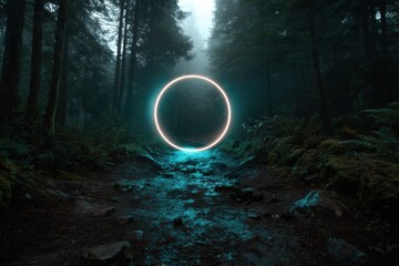 Fototapeta premium Enigmatic Forest Portal: A glowing, ethereal circle illuminates a mystical forest path, creating a surreal and captivating scene. The cool light reflects on the stream.