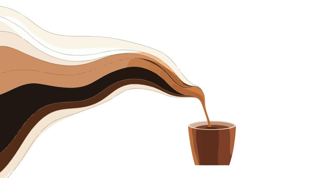 The image is a stylized vector illustration depicting an abstract coffee pour. The coffee is represented by layered, wavy, brown shapes of varying shades, suggesting movement and flow