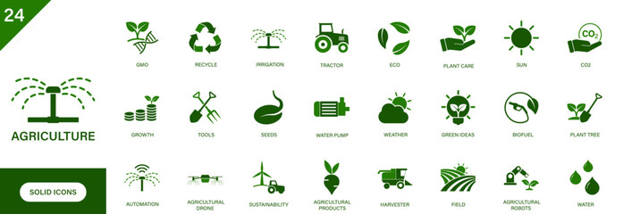 Agriculture icon. Containing farm, field, tractor, agricultural products, harvester, irrigation. Solid vector icons set.