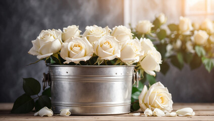 White Roses in a Vintage Bucket Bathed in Sunlight