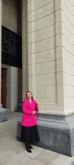 NOVAT, NOVOSIBIRSK - 08 JUNE 2025: Opera and Ballet Theatre NOVAT.  Woman posing in Interior and facade and some details.