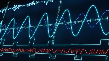 Monitor with sine waves, oscillators and graphs. Science, interface, radar, device screen. Experiment, sine curve, digital, mathematic, physics, HUD, control. 3D animation - Powered by Adobe
