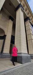 NOVAT, NOVOSIBIRSK - 08 JUNE 2025: Opera and Ballet Theatre NOVAT.  Woman posing in Interior and facade and some details.