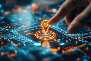 A finger interacts with a glowing location marker on a digital map interface showcasing advanced navigation technology