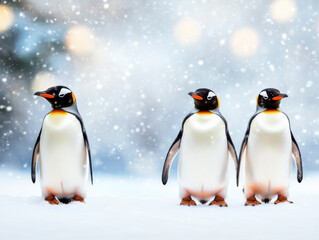 Fototapeta premium Three playful penguin standing snow with falling snowflakes cold winter landscape creating whimsical and joyful atmosphere