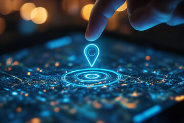 Finger selecting location on digital map glowing blue pinpoint target