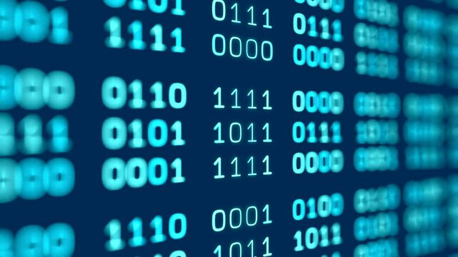 Close-up device screen with digital binary code, partially blurred. Big data, zero and one, sequence, program, software, binary string, science and technology. 3D animation