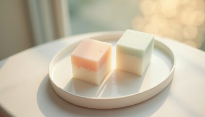 Two cube-shaped desserts on a white plate, light color scheme, simple design.