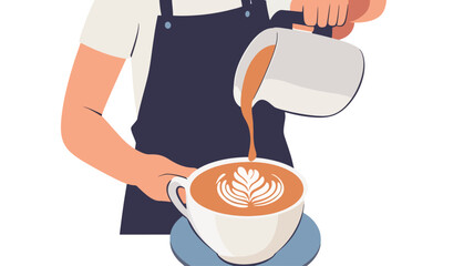 The image is a stylized illustration depicting a barista pouring steamed milk into a cup of coffee, creating latte art. The style is vector-based, characterized by clean lines and flat color
