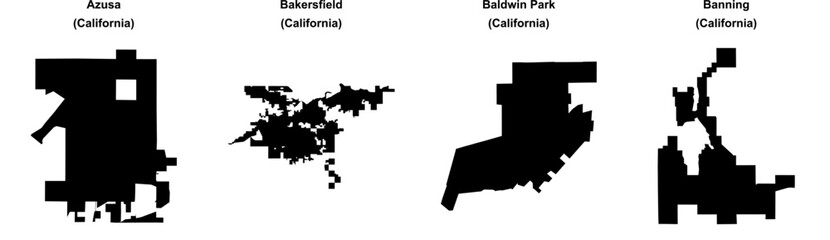 Azusa, Bakersfield, Baldwin Park, Banning outline maps