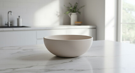 Minimalist Kitchen Scene Featuring Empty Bowl on Marble Countertop with Soft Lighting