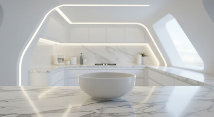 Modern Kitchen Interior with Marble Countertop and White Bowl, Minimalist Design.