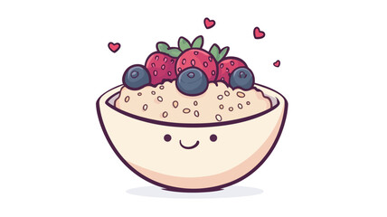 A digital illustration of a kawaii-style oatmeal bowl. The bowl is depicted with a simple, rounded shape and a smiling face.  It is filled with oatmeal, topped with blueberries, raspberries and