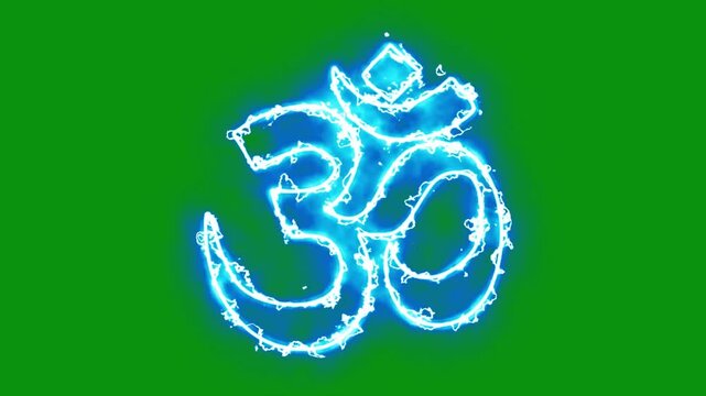 Hindu religion Om symbol with lightning energy sparks on green screen background