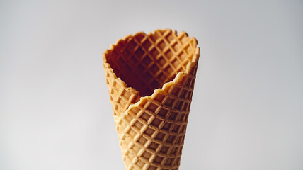 A waffle cone, typically used for serving ice cream. It's elongated and slightly curved, with a textured, crisscross pattern on its surface.