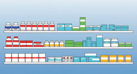 Colorful Pharmaceutical Products Displayed on Shelves Against a Blue Background
