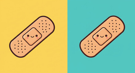 Adorable Cartoon Bandage with Smiling Face on Yellow and Teal Backgrounds