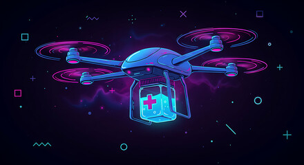 Futuristic Drone Delivering Medicine with Neon Lights and Glowing Cross Symbol.
