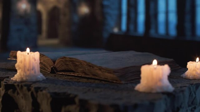 Cinematic shot of ancient candles flickering beside old book on textured rock surface, with cold, enchanted blue light pouring through windows in fantasy stone chamber.