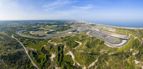 Aerial panorama of race track in the dunes near the Zandvoort beach, the Netherlands