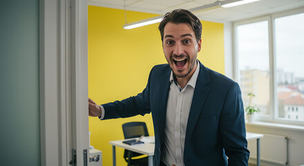 Excited Businessman Opens Office Door, Expressing Joy and Surprise with Wide Eyes