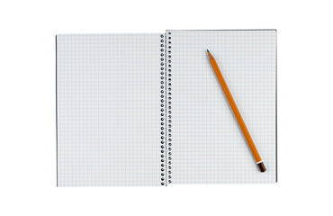 Checkered notebook with a pencil and spiral binding on an isolated white background. ideal for...