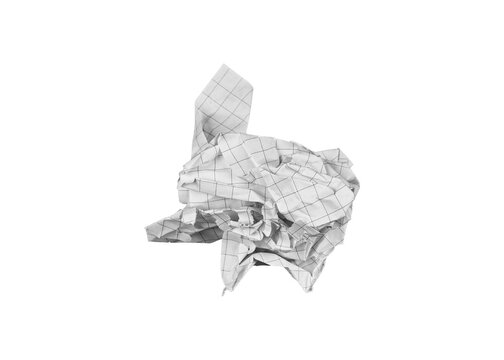 A crumpled checkered paper sheet on an isolated white background suits creative projects. Its textured surface adds a unique touch for designs or educational ideas.