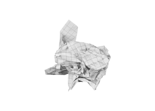 A crumpled checkered paper sheet on an isolated white background suits creative projects. Its textured surface adds a unique touch for designs or educational ideas.