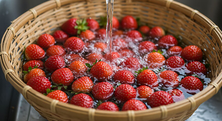 Fresh Strawberries Washing in a Wicker Basket with Flowing Water