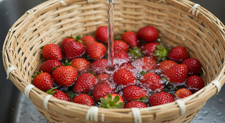 Fresh Strawberries Being Washed in a Wicker Basket with Flowing Water