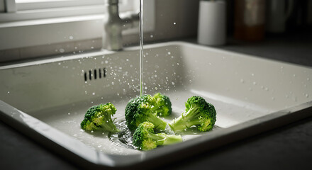 Fresh Broccoli Florets Being Washed Under Running Water in a Kitchen Sink