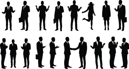 Business people silhouettes, corporate team in conversation, handshake, walking, talking, jumping, communication, teamwork, office attire, vector illustration design
