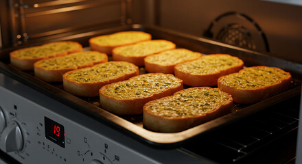 Golden Garlic Bread Baking in Oven, Close-Up with Warm Lighting and Details