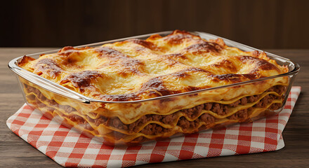 Delicious Baked Lasagna in Glass Dish on Red and White Checkered Napkin