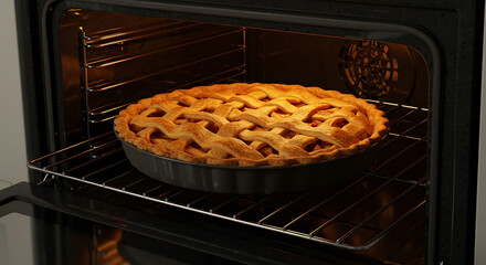 Golden Lattice-Topped Apple Pie Baking Inside a Warm Oven