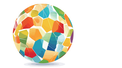 The image showcases a digital illustration of an abstract sphere.  The sphere is composed of numerous small, polygonal shapes in various vibrant colors, primarily reds, oranges, yellows