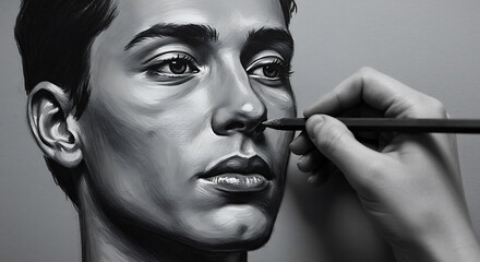 Artistic Portrait of a Person Being Drawn with Pencil in Black and White